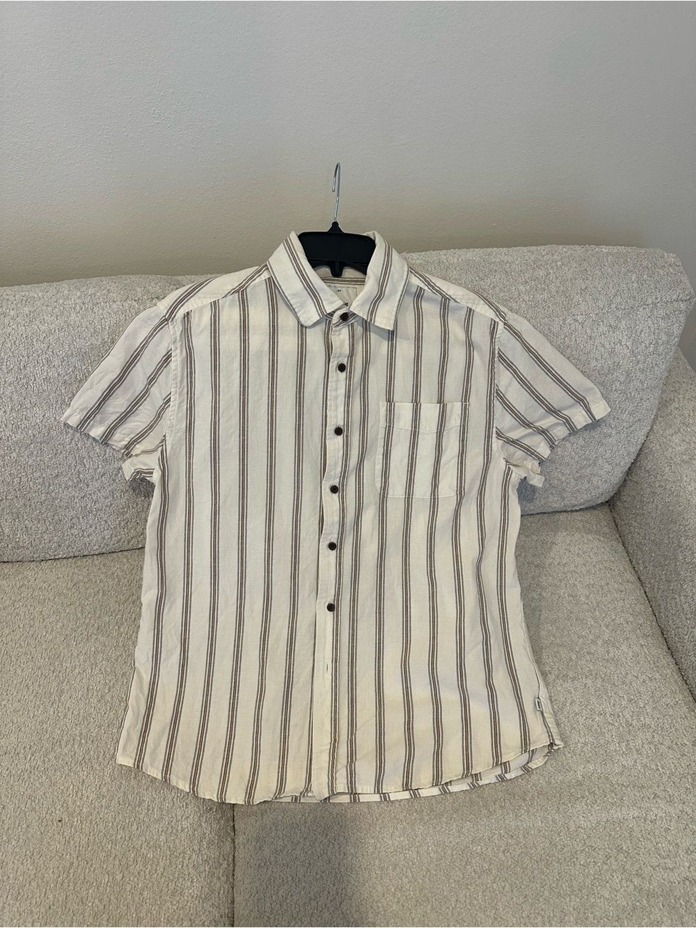 Katin Men's Alan Short-Sleeve Linen-Blend Shirt in Cream w/ Brown & blue Stripes
